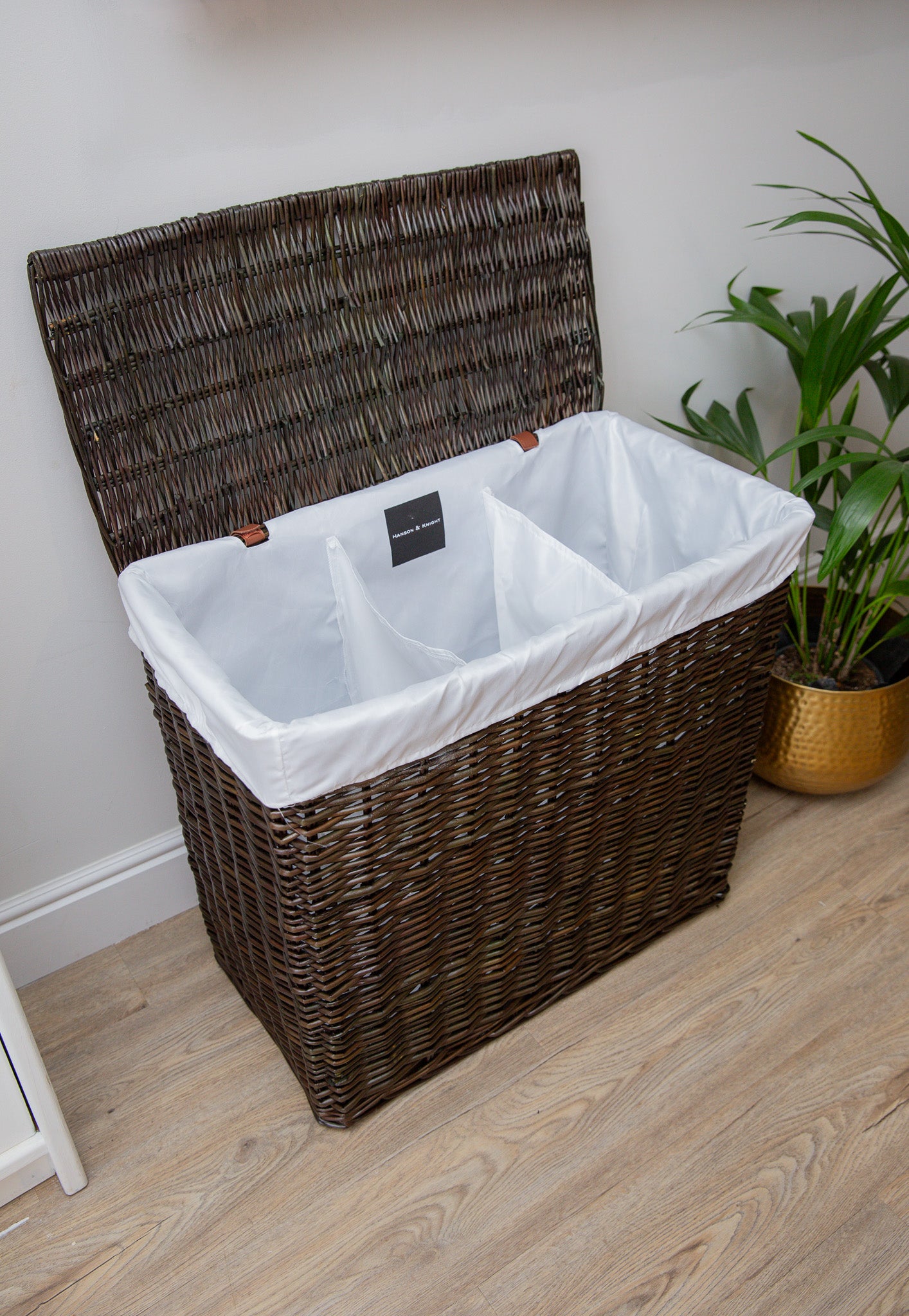 H&K 3 section Wicker Laundry Basket - Large in dark forest green