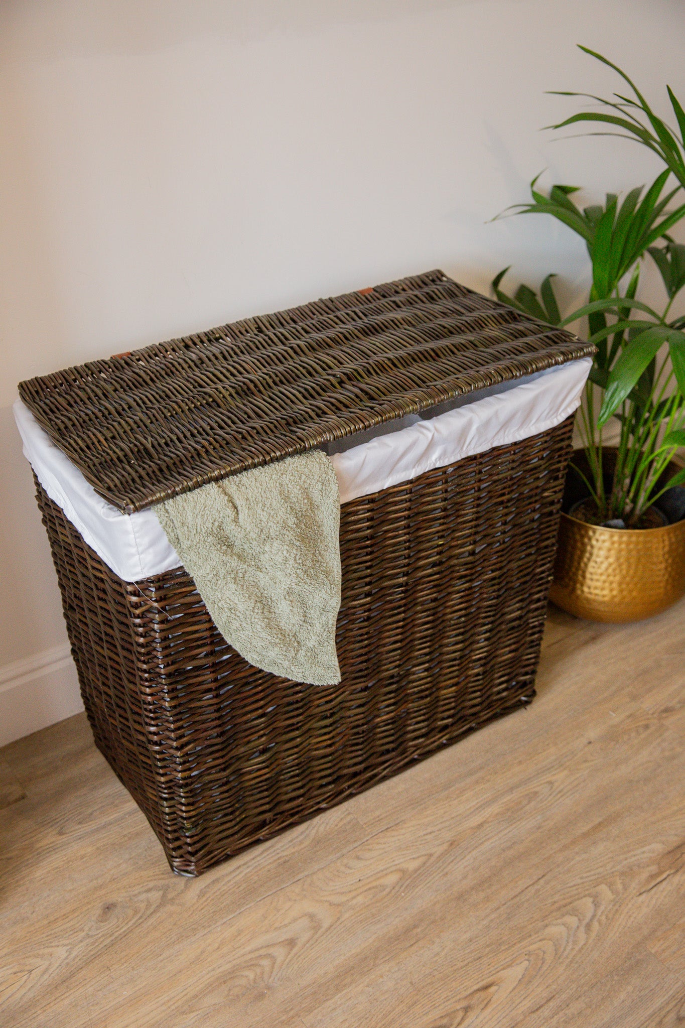 H&K 3 section Wicker Laundry Basket - Large in dark forest green