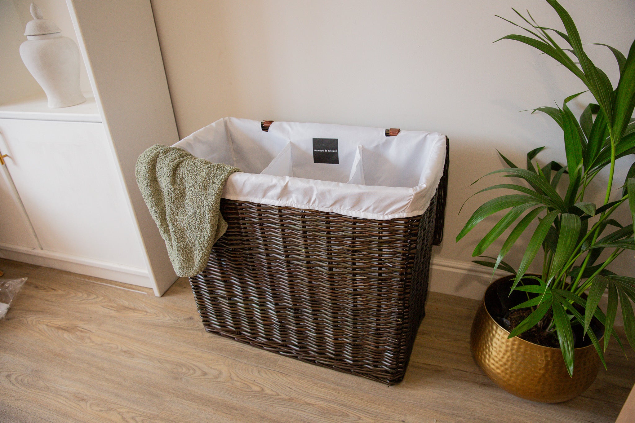 H&K 3 section Wicker Laundry Basket - Large in dark forest green