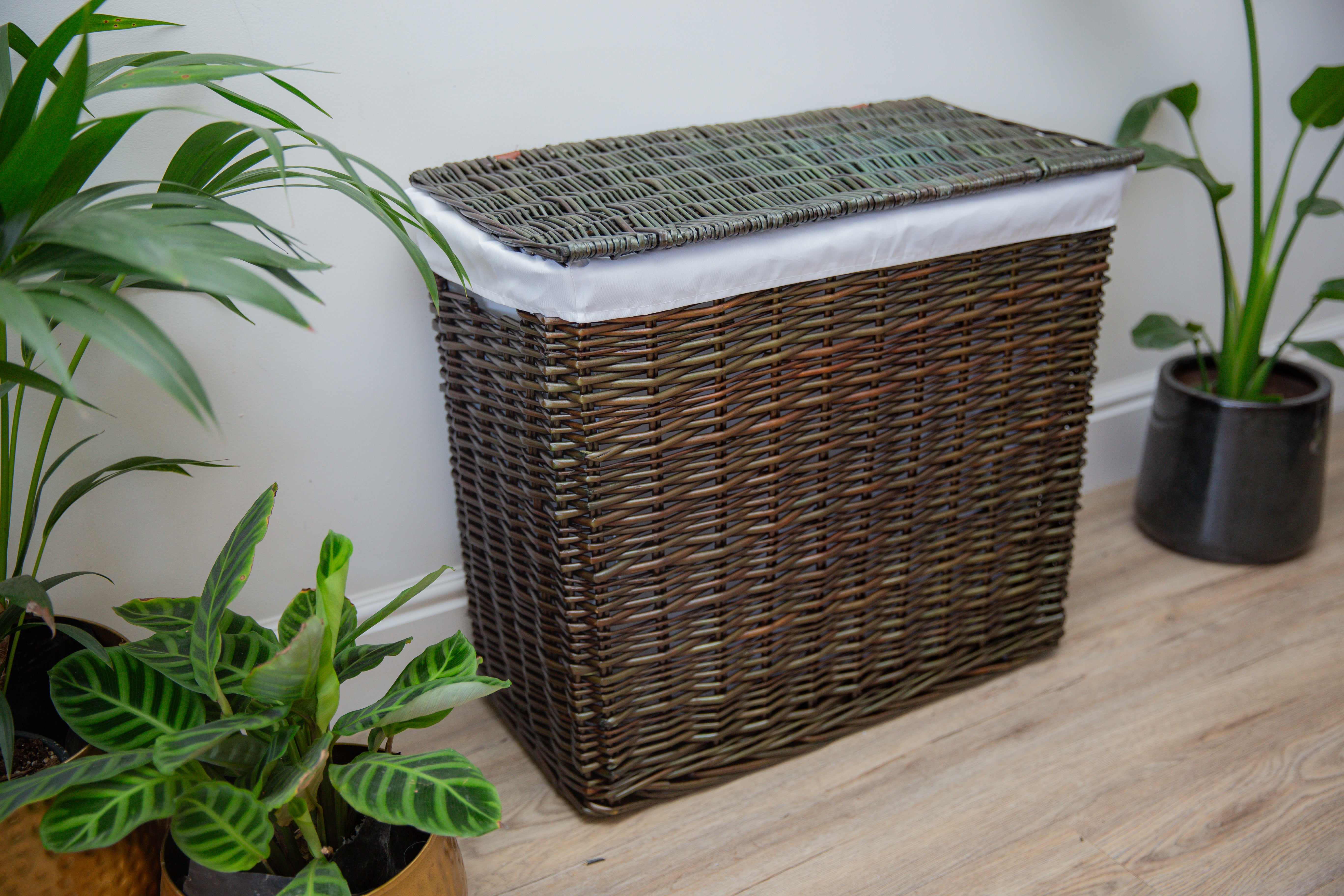 H&K multi section wicker Laundry Basket - Medium size in dark forest green