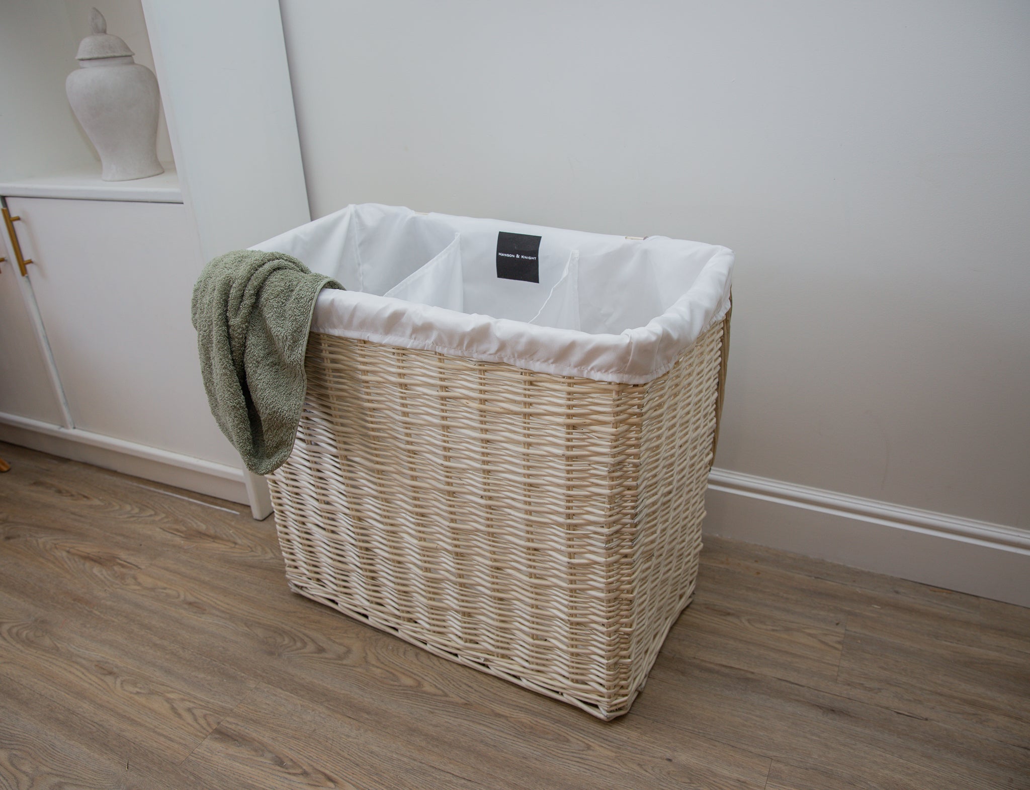 H&K 3 section Wicker Laundry Basket - Large in Ivory cream