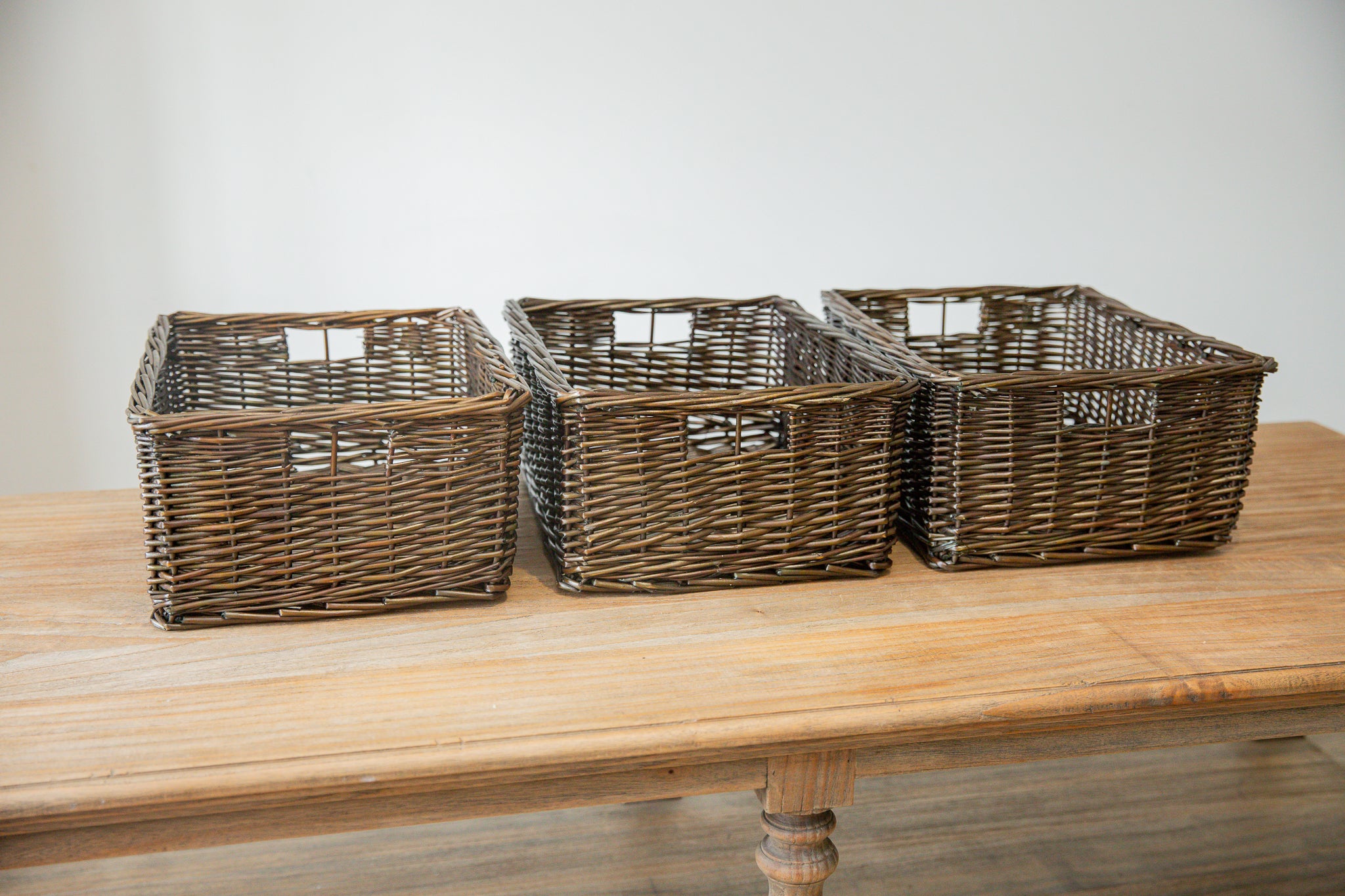 H&K set of willow wicker storage baskets in dark forest green