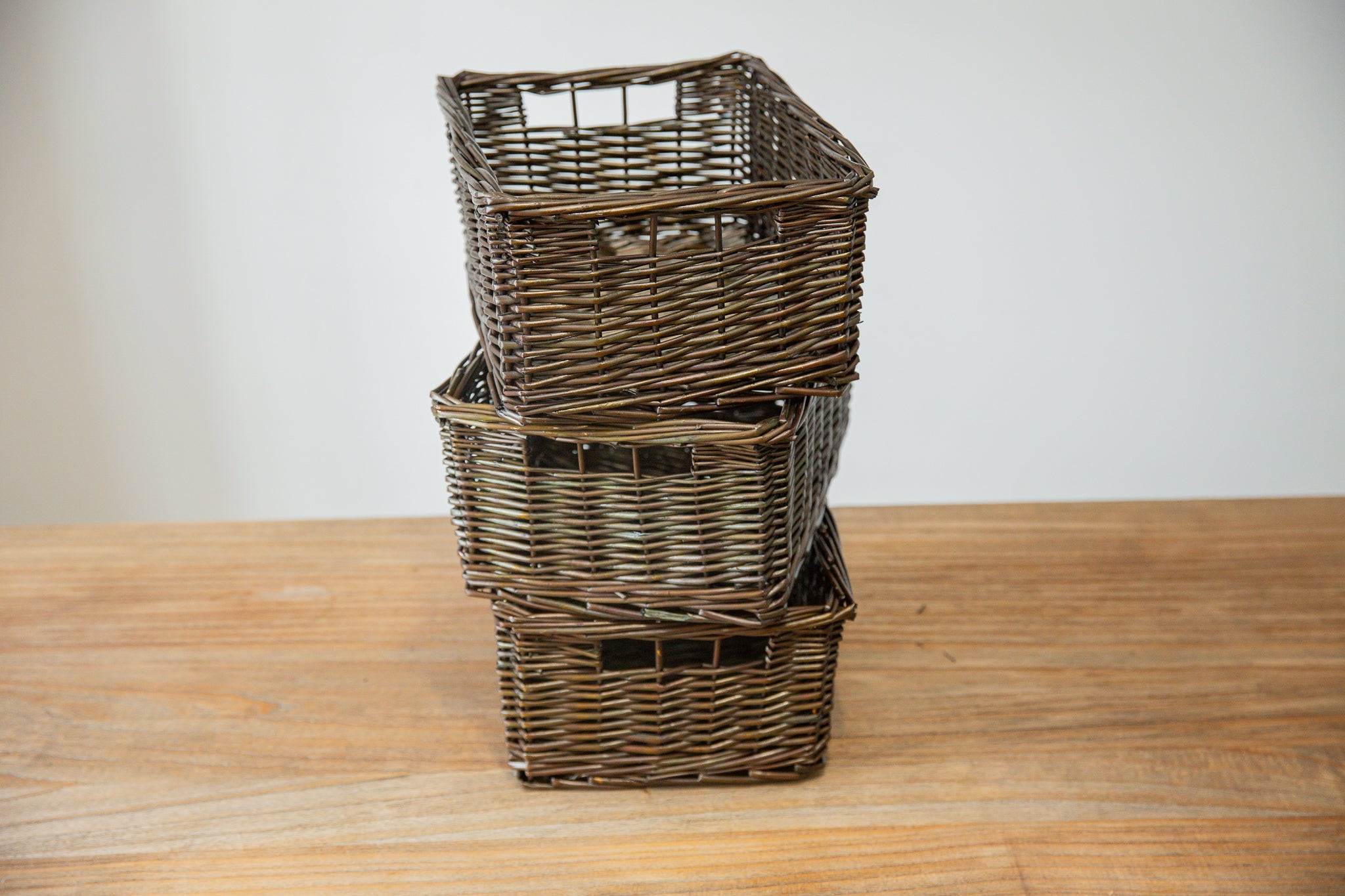 H&K set of willow wicker storage baskets in dark forest green