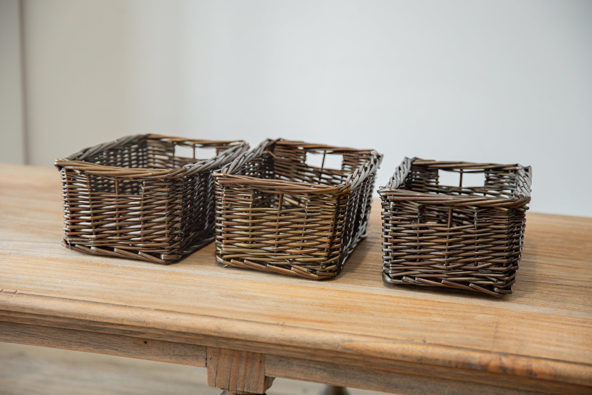 H&K set of willow wicker storage baskets in dark forest green